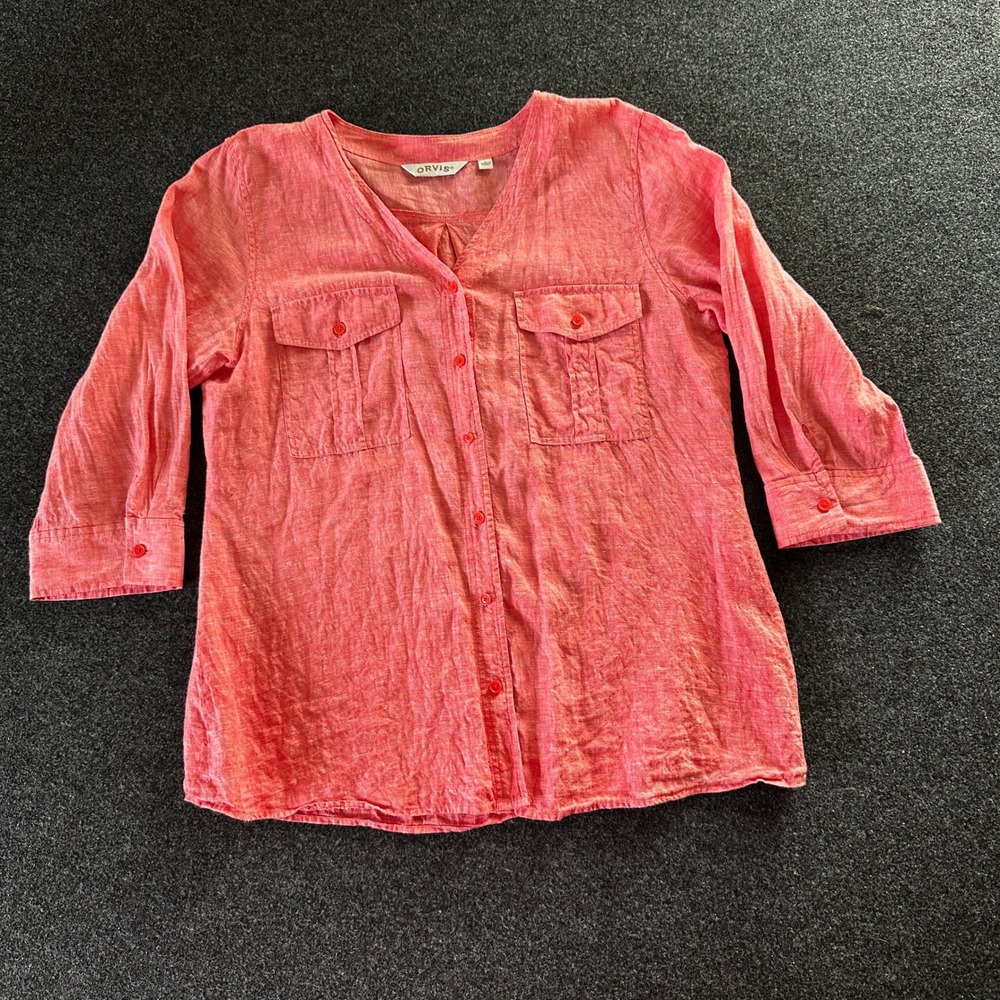 Orvis Womens Coral Pink Linen Blend Button Up Shirt 3/4 Sleeve Pockets Size L